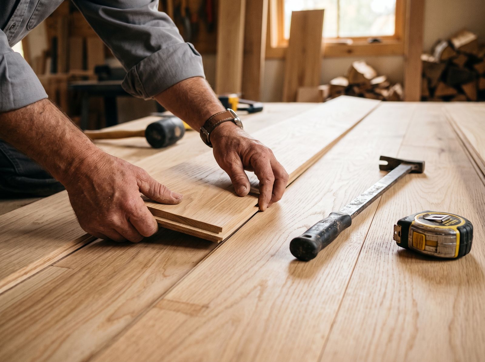 Flooring craftsman fitting a tongue-and-groove white oak plank into place with a tape measure and pull bar resting nearby