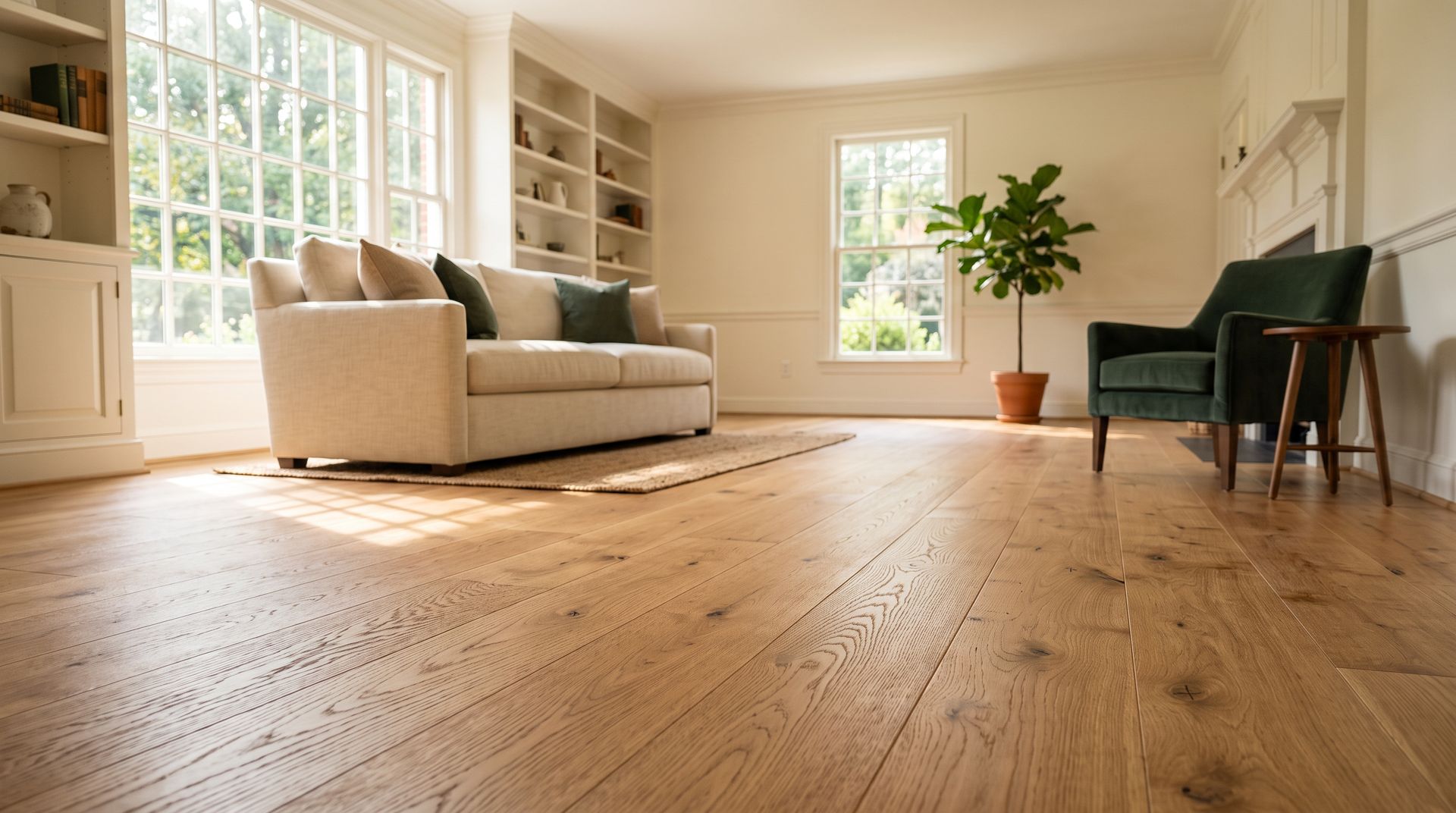 Wide-plank white oak hardwood floor freshly installed in a bright Fredericksburg living room with cream walls and a spruce-green accent chair