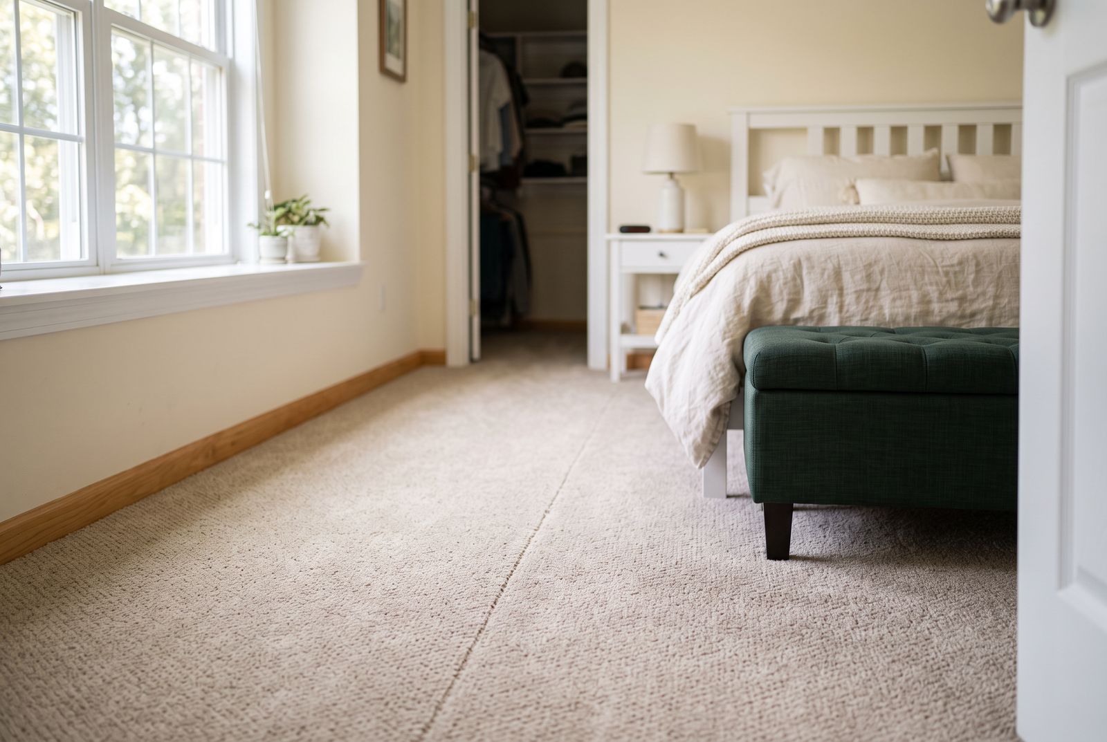 Freshly installed plush neutral carpet in a bright Fredericksburg bedroom with a spruce-green upholstered bench and cream linens