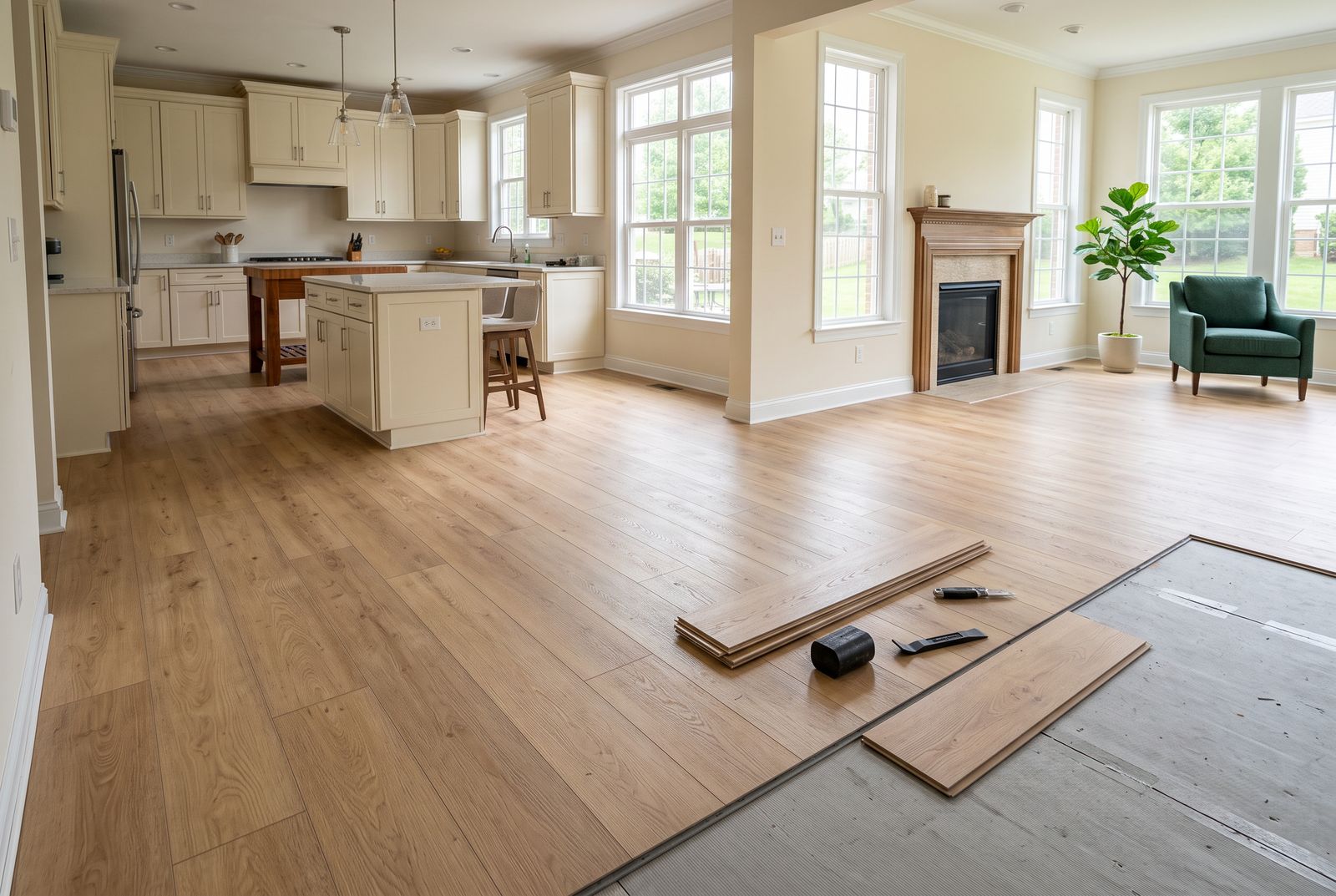 Light oak-tone luxury vinyl plank flooring freshly installed across an open kitchen and family room in a bright Fredericksburg home