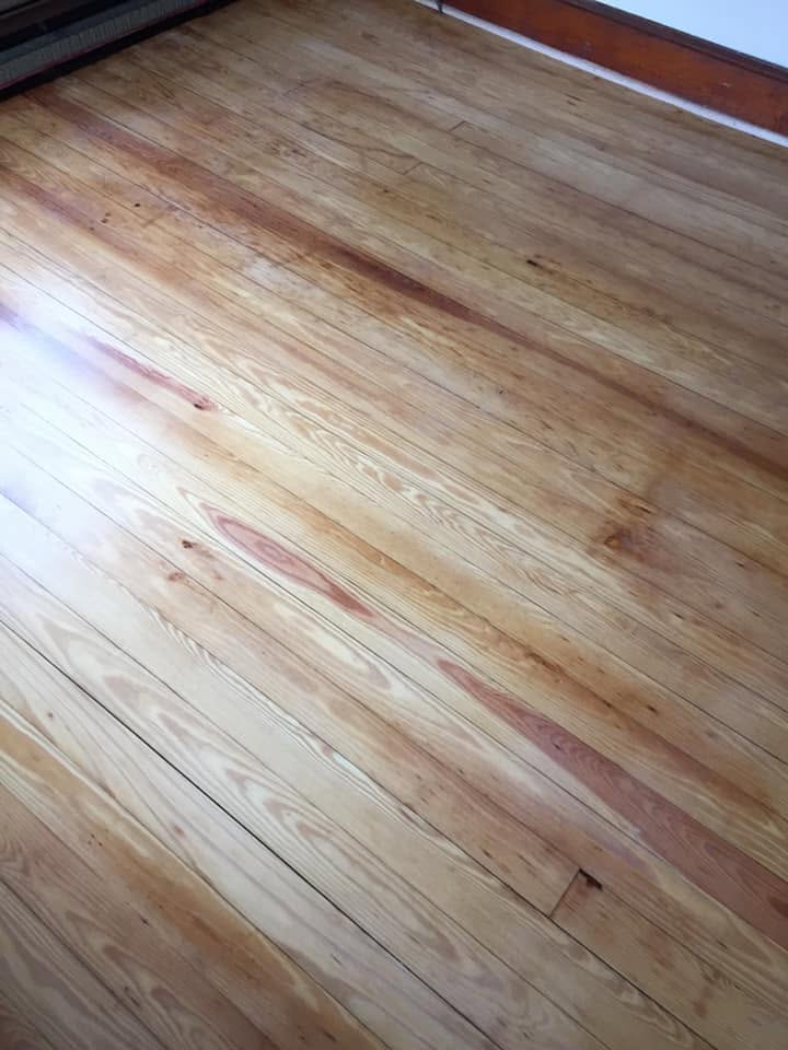 Sanded pine floor ready for stain, bare and pale in natural daylight