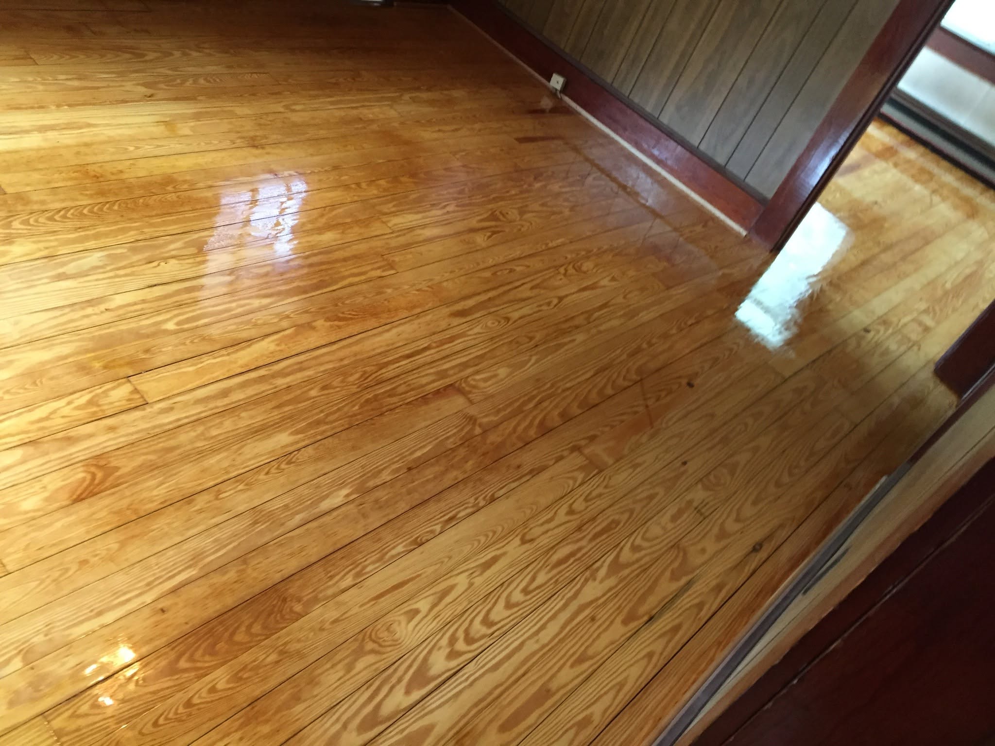 Wide view of a refinished heart pine floor with a fresh gloss coat in an older home with wood paneling